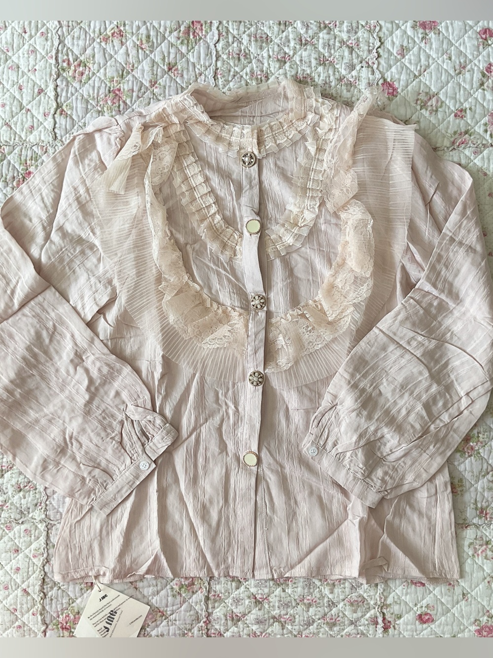 Women's Lace-Trim Ruffle Button-Front Top - Pale Pink